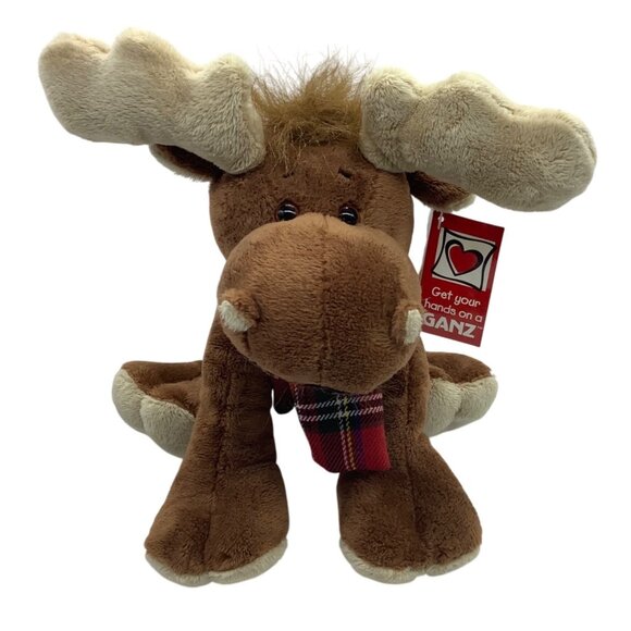 Vtg Ganz Mosley Moose Plush Stuffed Animal Plaid Scarf Soft Brown Tan TAG 10" - Picture 1 of 7